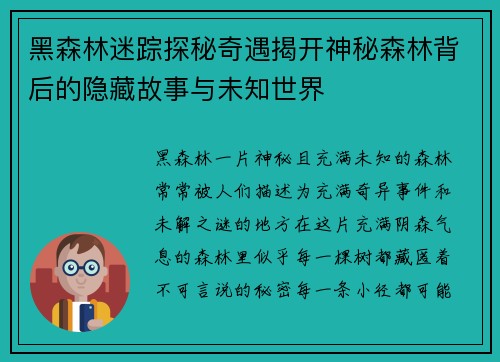 黑森林迷踪探秘奇遇揭开神秘森林背后的隐藏故事与未知世界